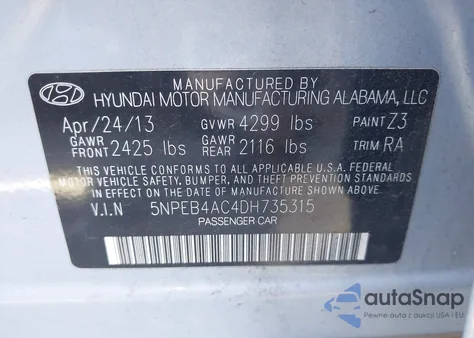 2013 Hyundai Sonata Gls from USA, damaged, VIN 5NPEB4AC4DH735315